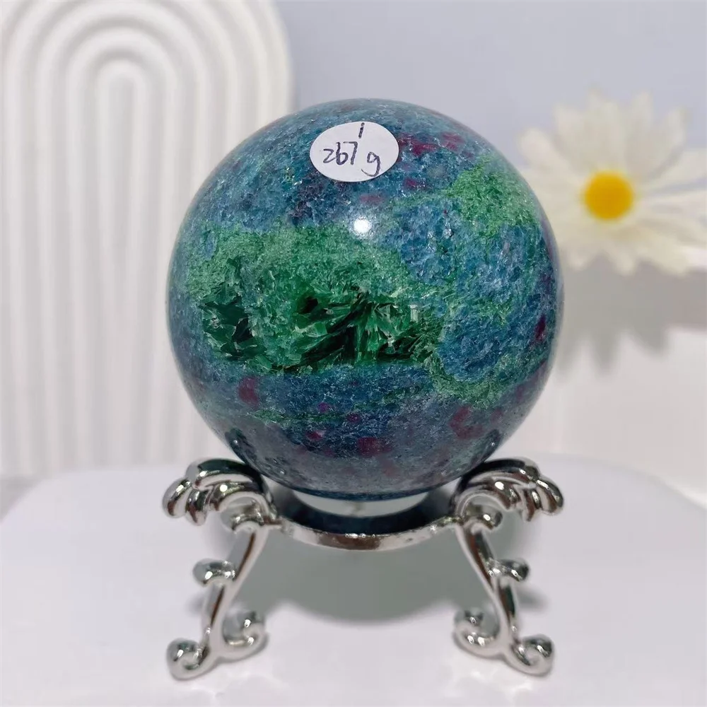 

Unique Natural Blue Ruby Kyanite Sphere with Green Mica Flashy Stone Healing Crystals Reiki Energy Home Decor Crafts Gift+Stand