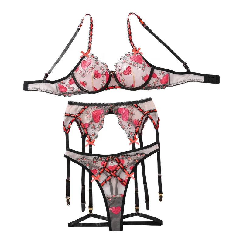 2025Летняя распродажа, сексуальный бюстгальтер пуш-ап во французском стиле, костюм с вышивкой, сетчатое нижнее белье Love, комплект из четырех предметов со стальным кольцом