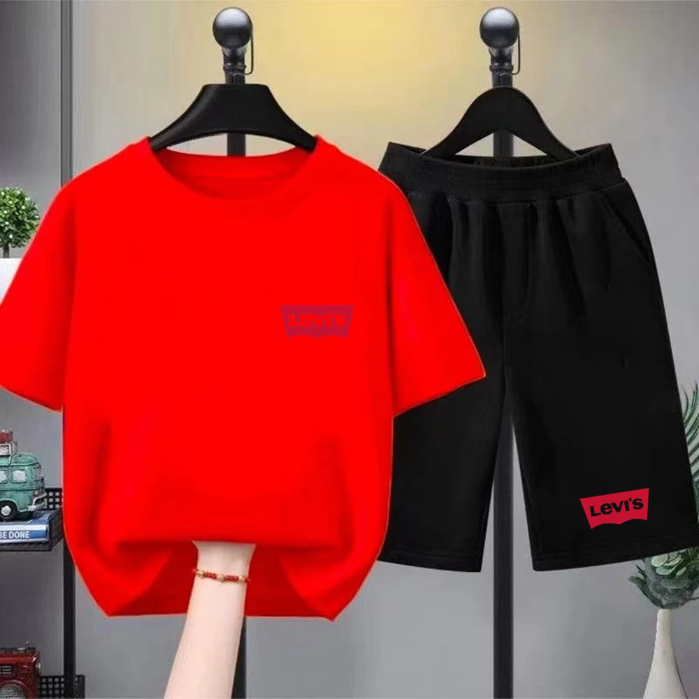 Summer Boy Girl Red T-shirt+Shorts Two-piece Set Kids Brand Clothing Fashion 3-12Yrs Sports Short-sleeved Casual Black Set