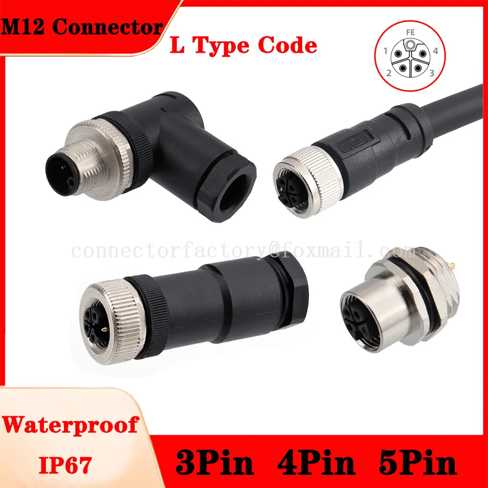 

M12 L Type CODING Male Female Plug Socket 3 4 5 -Core PE Large Current Waterproof Connector Front Back Installation Opening 16mm