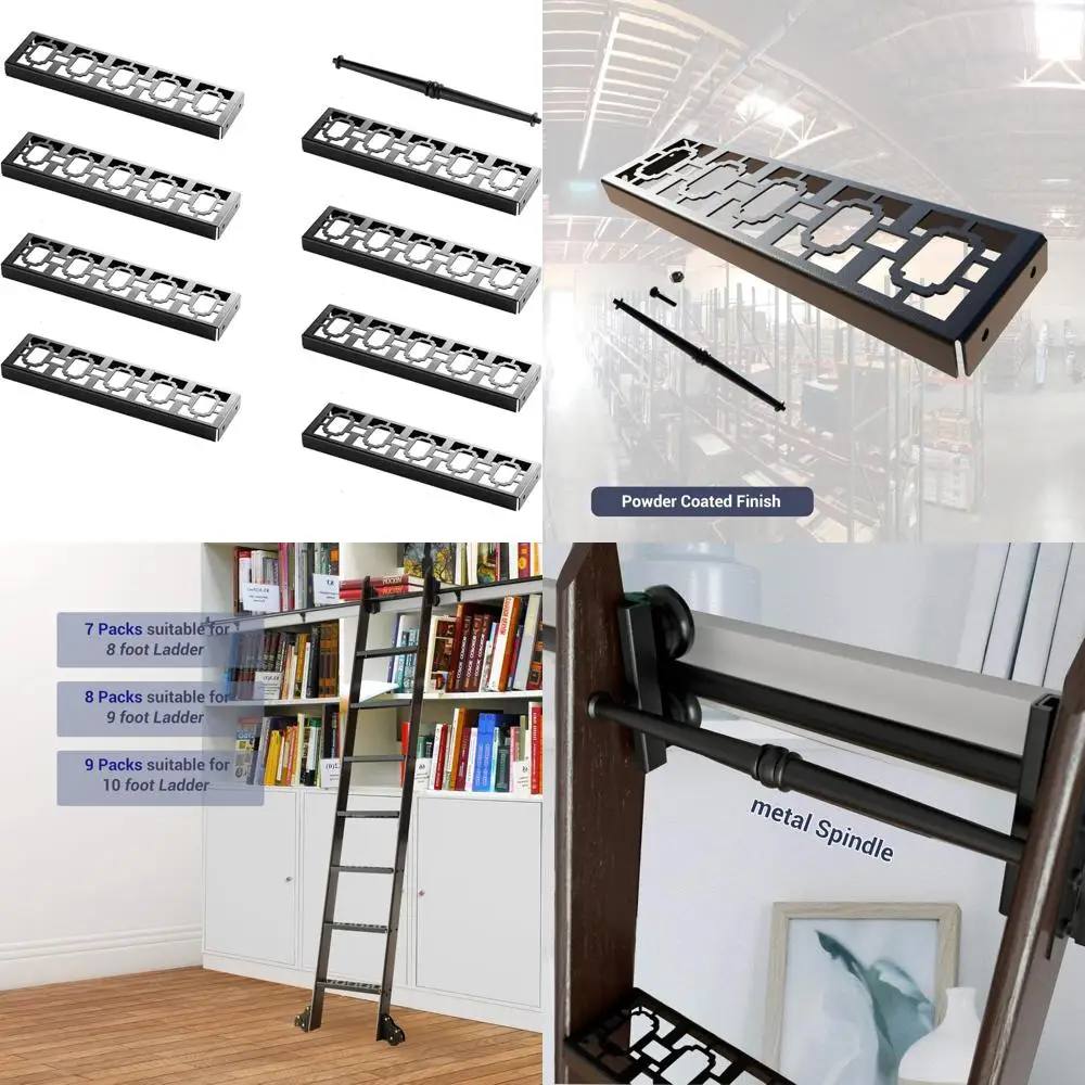 

Vintage-Style 8-Piece Steel Library Ladder Accessory Kit, Black Finish, Ladder Steps Hardware for Home Office