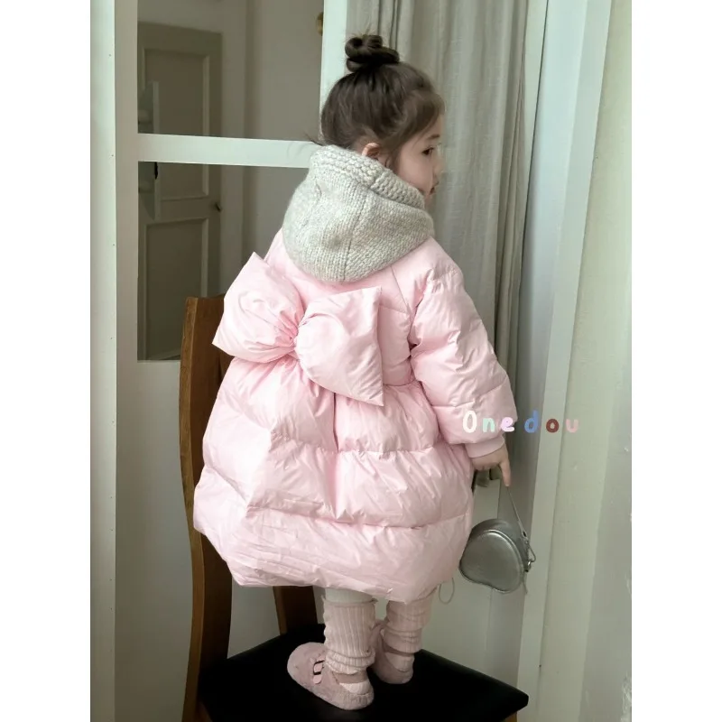 

Baby Girl Cotton Coat 2025 New Thickened Winter Medium and Long Removable Hat Cotton Coat Sweet Girl Bow Clothing