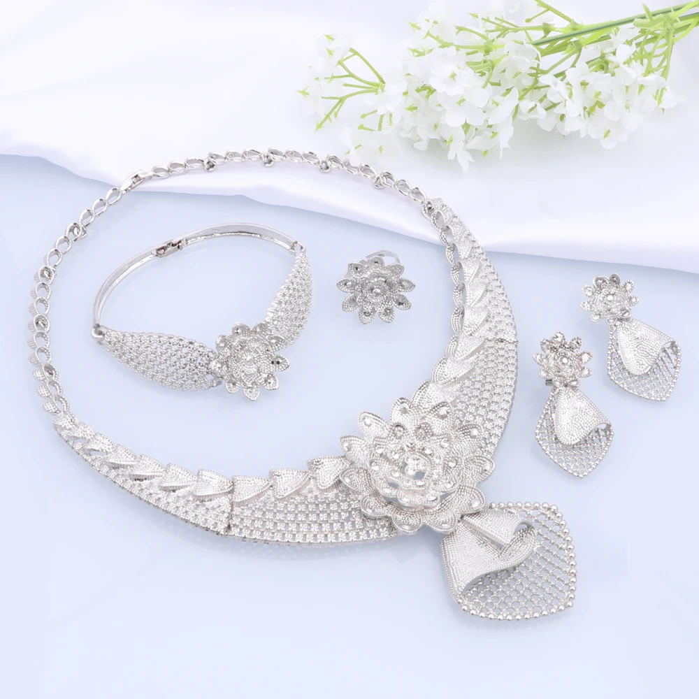 Silver Plated Jewelry Sets for Flower Shaped Women Necklace Earrings Bracelet Ring Women African Beads Indian Bridal Jewelry Set