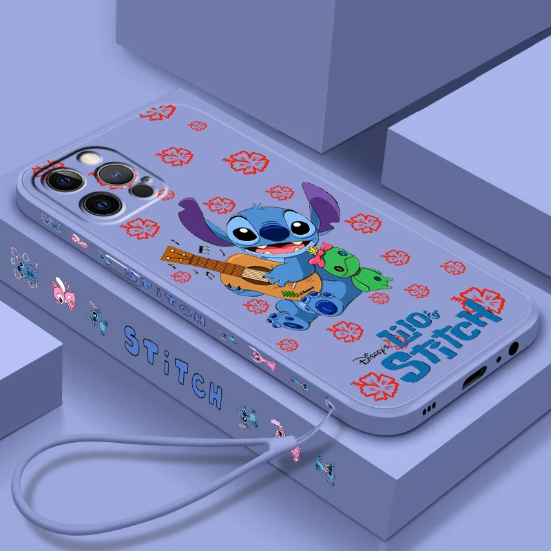 

Stitch Cute Cartoon Disney Liquid Left Rope For Apple iPhone 15 14 13 12 11 XS XR X 8 7 SE Pro Max Plus Mini Cover Phone Case