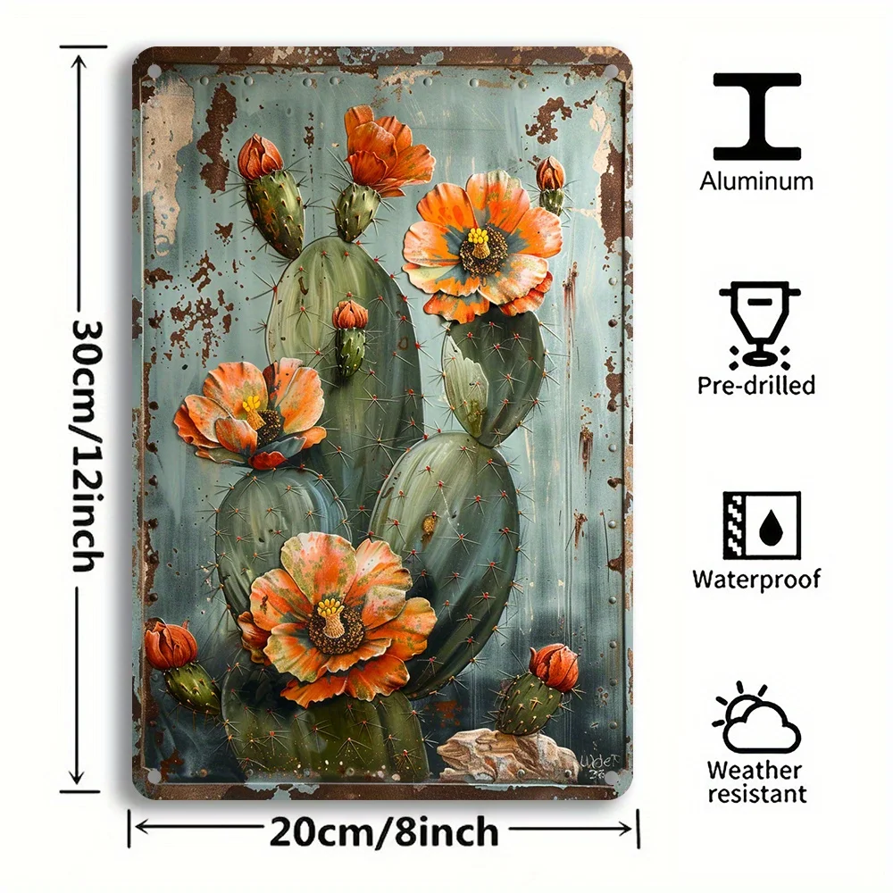 Vintage Cactus และ Wild Prairie Rose ป้ายโลหะดีบุก Rustic Wall Art สําหรับตกแต่งในร่มและกลางแจ้งน้ําทนต่อสภาพอากาศ