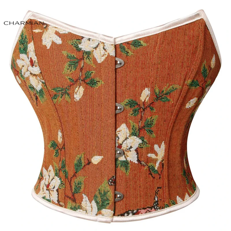 Charmian Corset Crop Top Women's Fashion Renaissance Vintage Strapless Floral Short Torso Boned Bustier Waist Cincher Corset