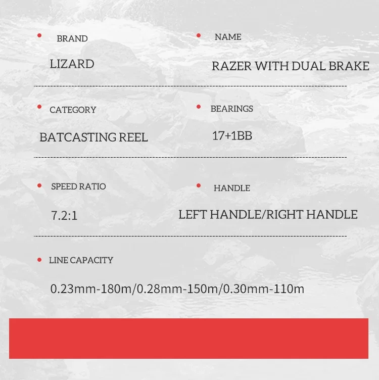 Lizard Magnetische Zentrifugal-Doppelbrems-Baitcasting-Angelrolle mit Metallspule und -griff, 8 kg maximale Bremskraft, 7,2:1 Übersetzungsverhältnis – Detail 3