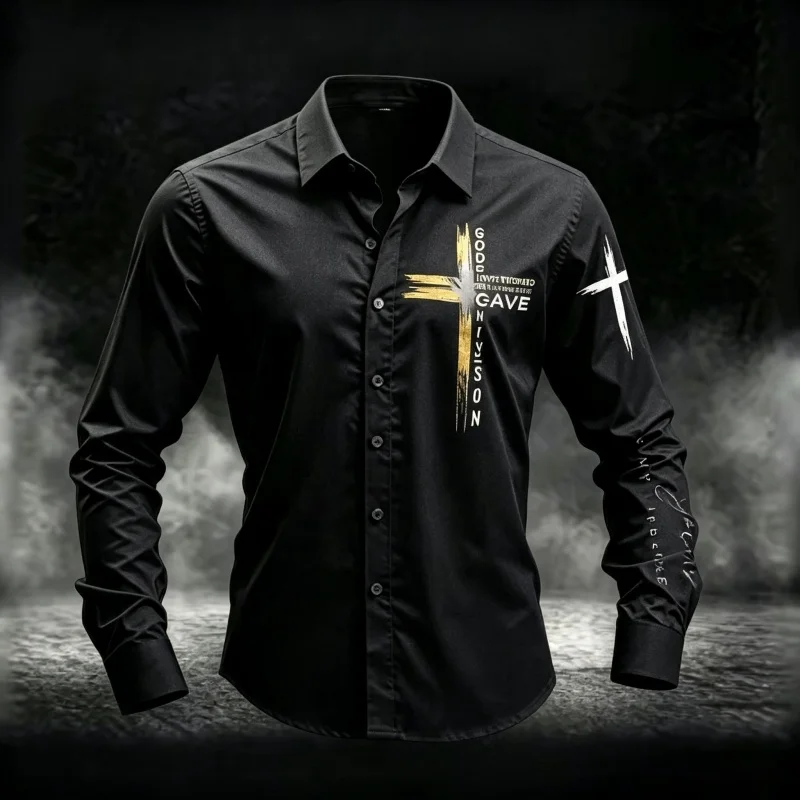 Men's Long Sleeved Shirt With Christian Cross Faith Letter Print  men's Collar Button Casual Shirt  Business Dress  Daily Commut