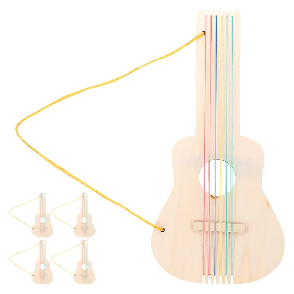 

5pcs Wood Guitar Unfinished Wooden Toy Kids Craft Paintable Khaki Musical Unfinished Wooden Guitar Instrument Small Size