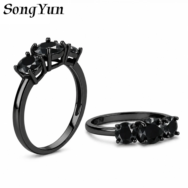 SONGYUN Moissanite Diamond Jewelry Womens S925 Sterling Silver Black Three Stone Row Paved Moissanite Ring