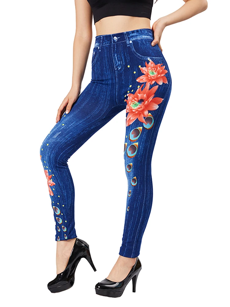 CUHAKCI Lotus Print Imitation Denim Leggings Fake Women Slim Fit Stretch Jeggings Blue Breathable False Jeans Pencil Pants