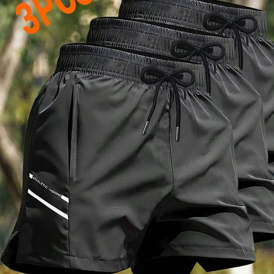 

3pcs Mens Quick-Dry Ice Silk Athletic Shorts Moisture Wicking Breathable Running Gym Pants With Drawstring Waist Pockets