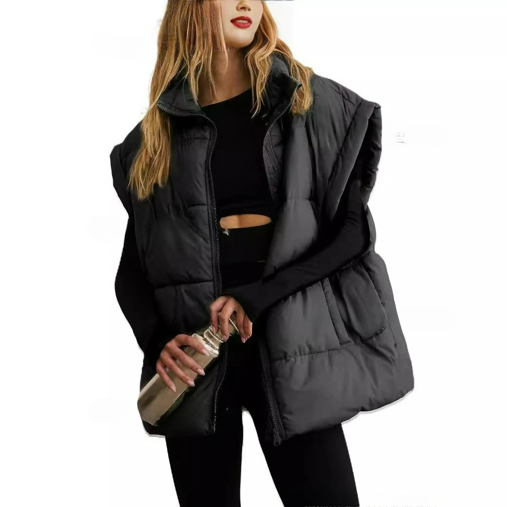 

2025 Autumn and Winter Women's Fashionable Loose Sleeveless Zipper Solid Color Cotton Vest Cotton Clothing