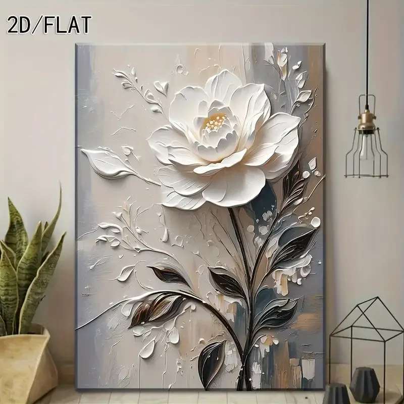 2D Flat, 1pc Modern Floral Framed Canvas Wall Art - Elegant White Flowers & Beige Background Painting, Ready-to-Hang No Framed D