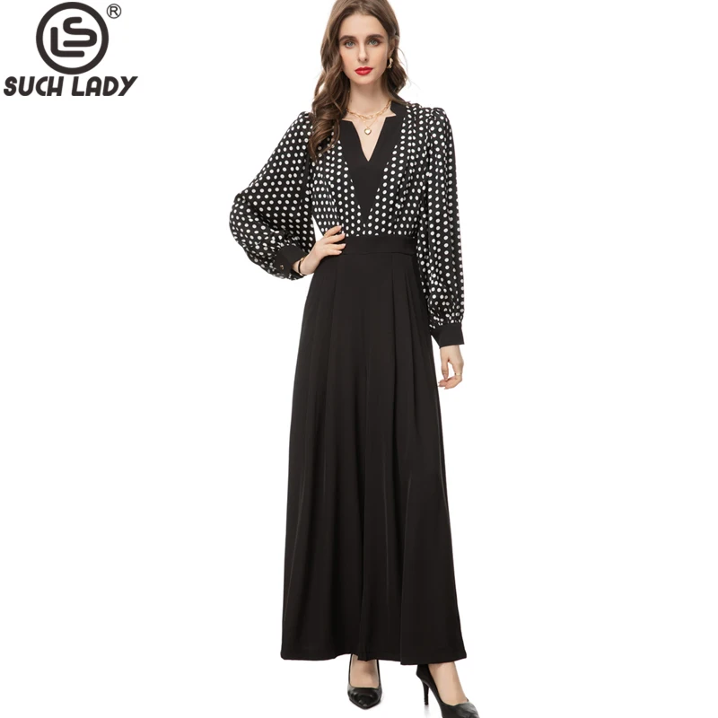 

Women's Runway Jumpsuits& Rompers V Neck Long Sleeves Polka Dots Printed Wide Leg Elegant Fashion Pants