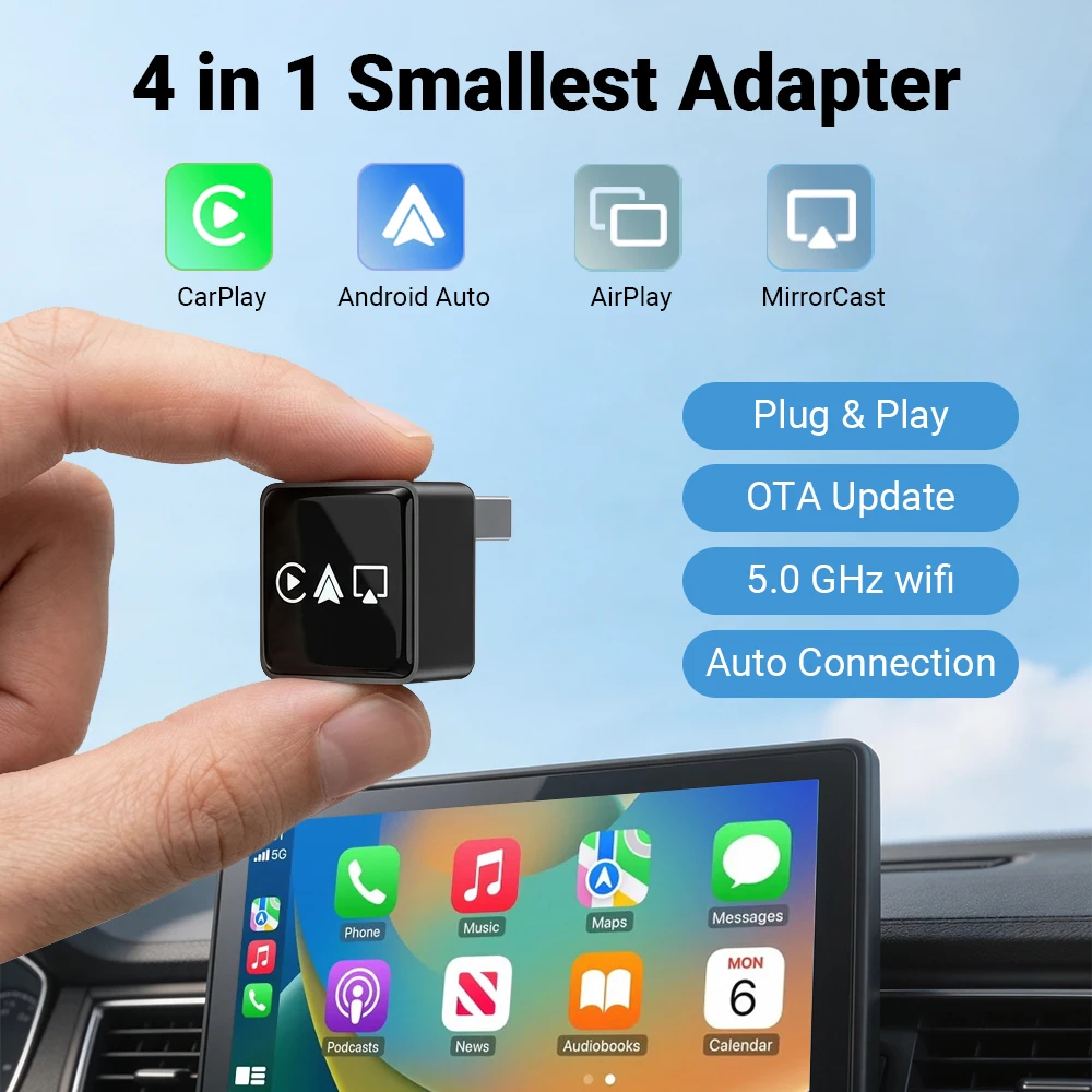 Universal 4in1 Wireless Adapter, Mini CarPlay Android Auto Dongle with AirPlay MirrorCast Function for Car Entertainment