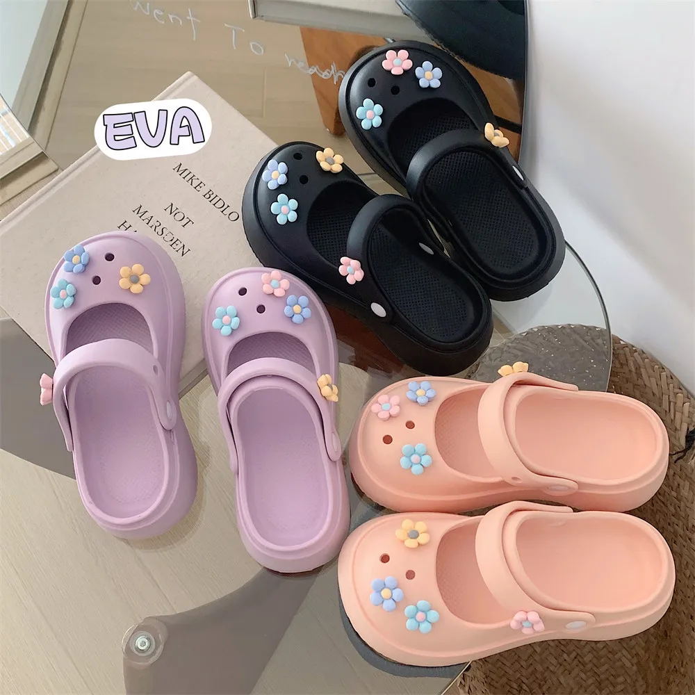 Creative Flower Baotou Hole Shoes Thick Sole Summer Outwear Shoes Wear Beach Women Slippers Increase EVA Non-slip Beach Sandals