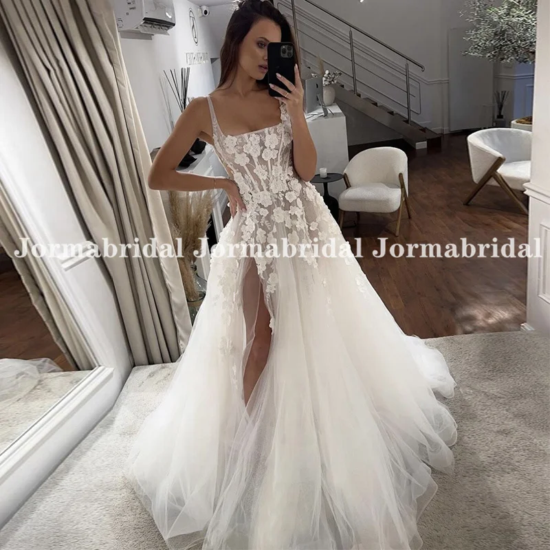 

High Slit Floral Appliques Boho Wedding Dress Square Neck Illusion Bodice Exposed Boning Floral Tulle Bridal Gown robe de mariée