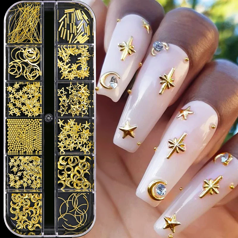 12Grids/Box Nails Gold Metallic Nail Sequins Moon Star Luxury Charms Half Round Pearl Beads Rhinestones 3D DIY Manicure Design