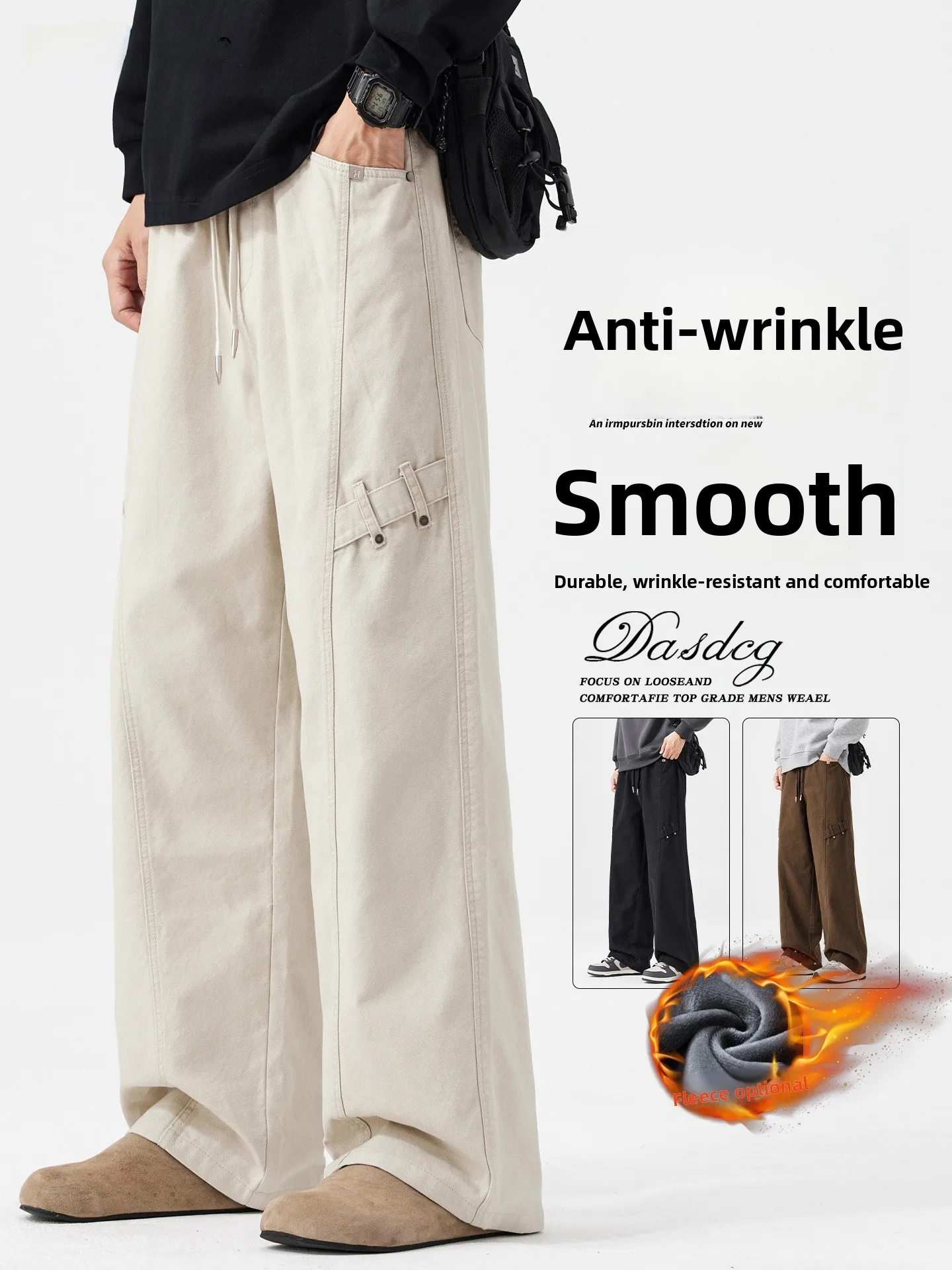 

American Sle Men's Cotton Work Trousers Winter Thiened Warm Wide Leg Casual Pants Loose Straight Cut Winter Fce Lined