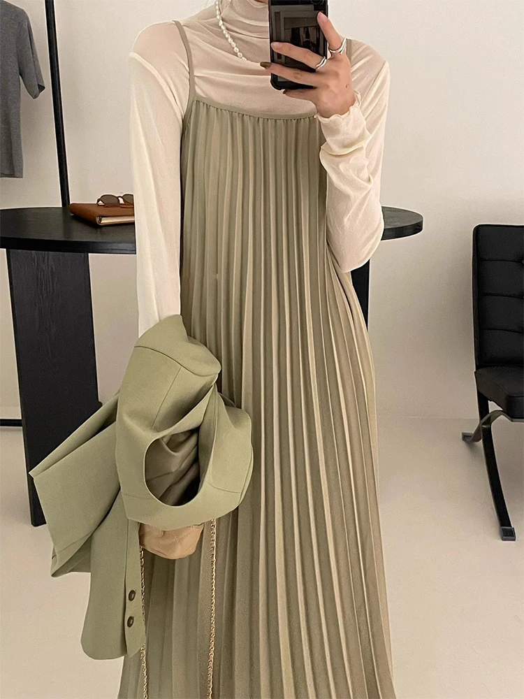 E vintage outono novo estilo fora do ombro sem mangas vestido longo camada base fena pesado adornado psado midi...