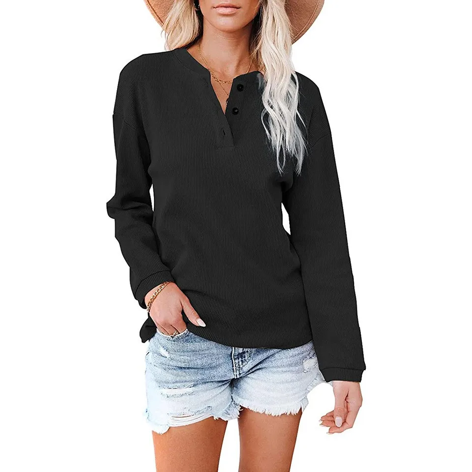 Women's Long Sleeve Blouse V Neck Solid Loose Fit Button Front Ribbed Knit Top Henneck Relaxed Fit Longsleeve Clothing