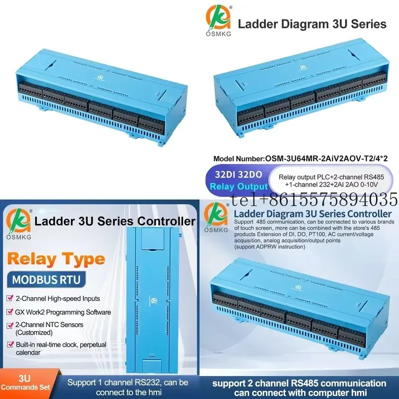 Hot Oshangming Ladder Diagram PLC 32 Input 32 Relay Output Programmable Logic Controller Analog Modbus Rtu with RS232 RS485