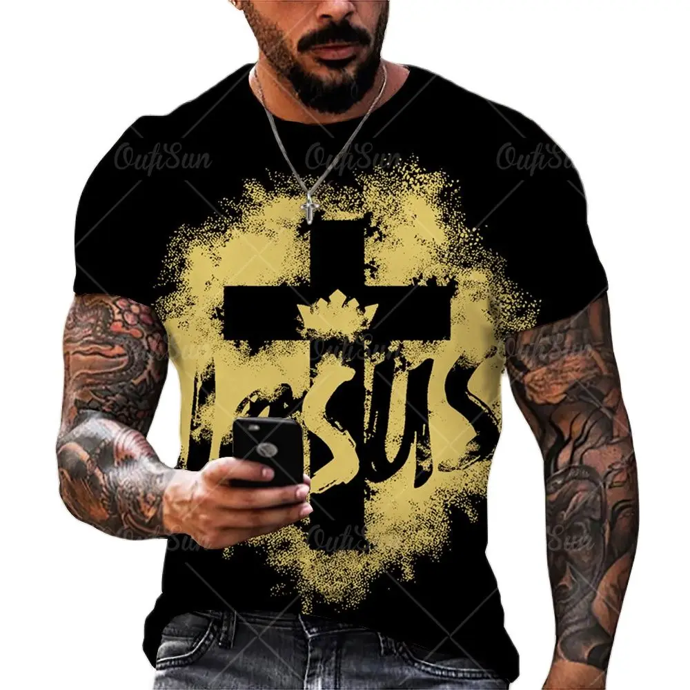 T-shirts For Men Cross Graphic Jesus Christ 3d Print Men\'s Tshirt Retro Classic Short-sleeved Loose Personality Oversized Tops