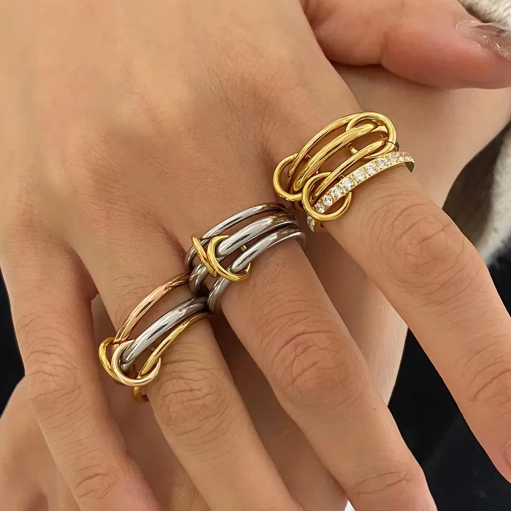 الفولاذ المقاوم للصدأ مزدوج اللون ثلاثة حلقة مجموعة مايكرو معبد تشيكوسلوفاكيا تكويم خواتم الاتجاه المجوهرات بالجملة مناسبة للشابات