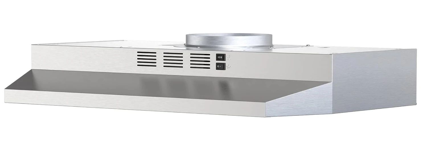 

30-inch range hood Ducted/ductless convertible stainless steel range hood, rocker button control, 2-speed exhaust fan