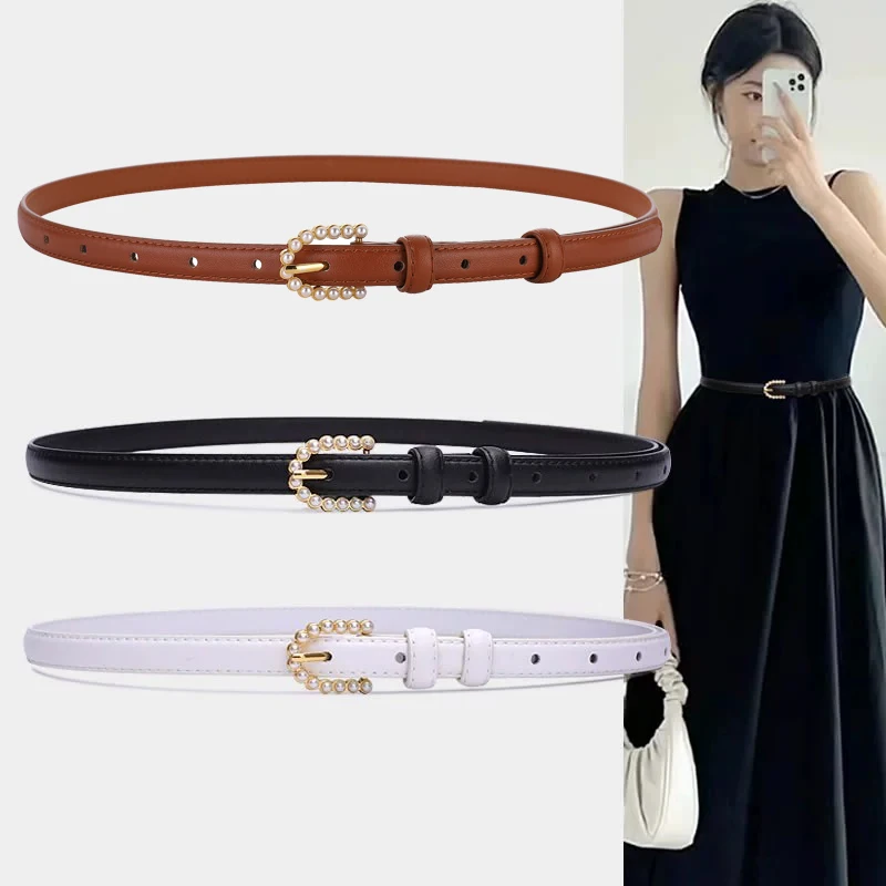 Retro Thin Luxury Women Belt Pearl Gold Metal Buckle Genuine Leather Ladies Waistband Women's Dress Jeans Adjustable Girls Belts