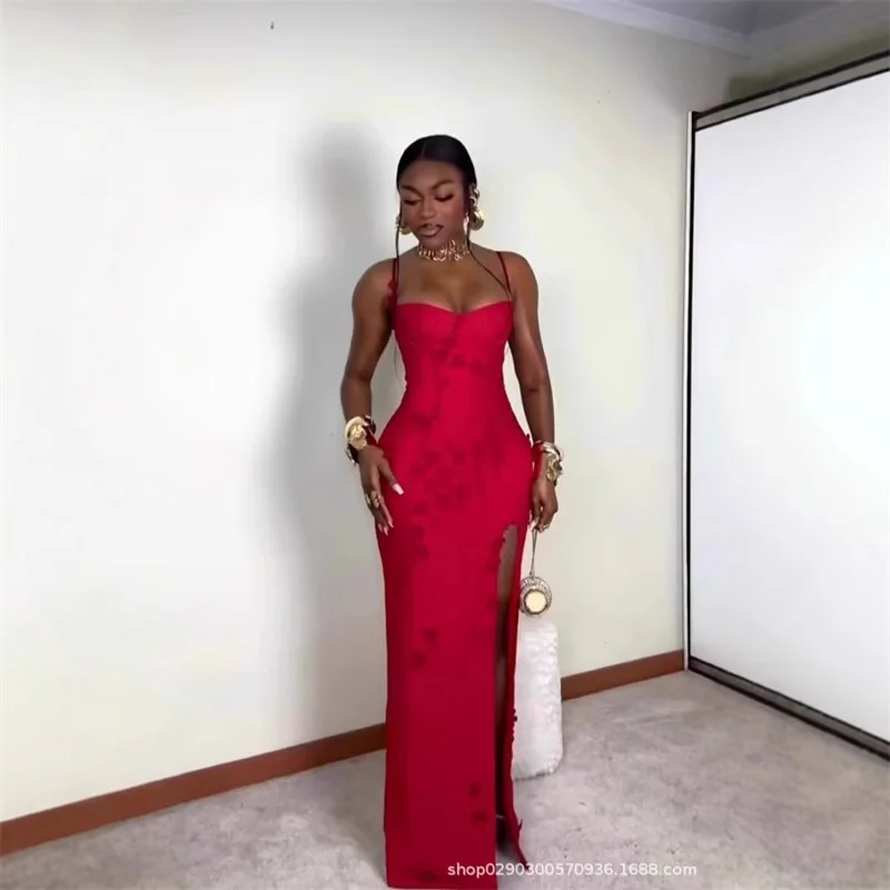 

Women's Red Floral Applique Bodycon Midi Dress, Spaghetti Strap Corset Party Dress with High Split, Sexy Evening Cocktail Dress