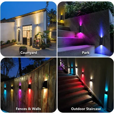 Luz de jardín solar al aire libre, luz de pared solar impermeable RGBW blanca cálida, luces de seguridad, luz de valla, nuevo estilo