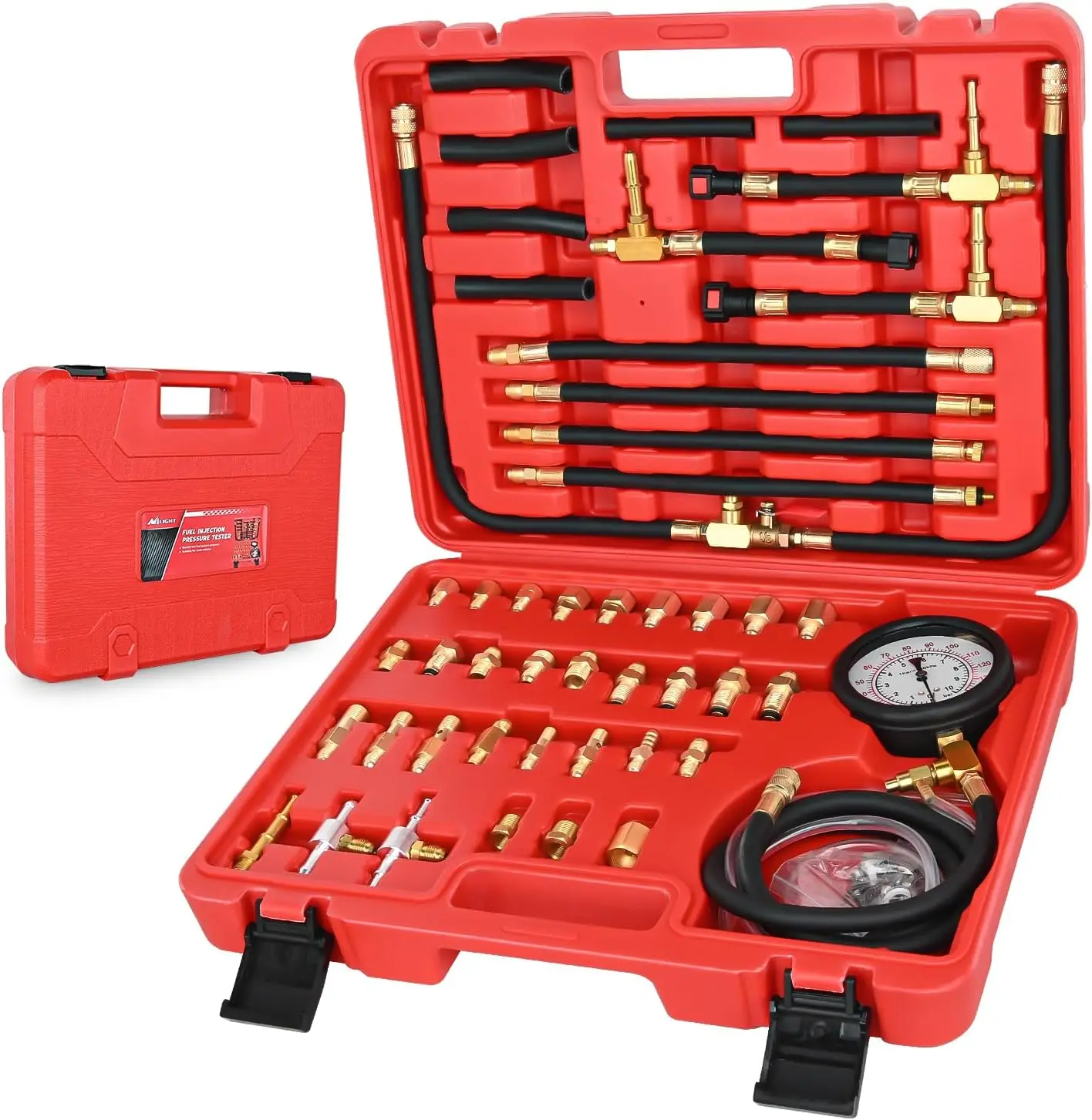 Fuel Pressure Tester Kit, 0-140 PSI Fuel Pressure Gauge with 9.49,7.89,6.30 Fuel Line Fittings, Master Fuel Injection Pressure A