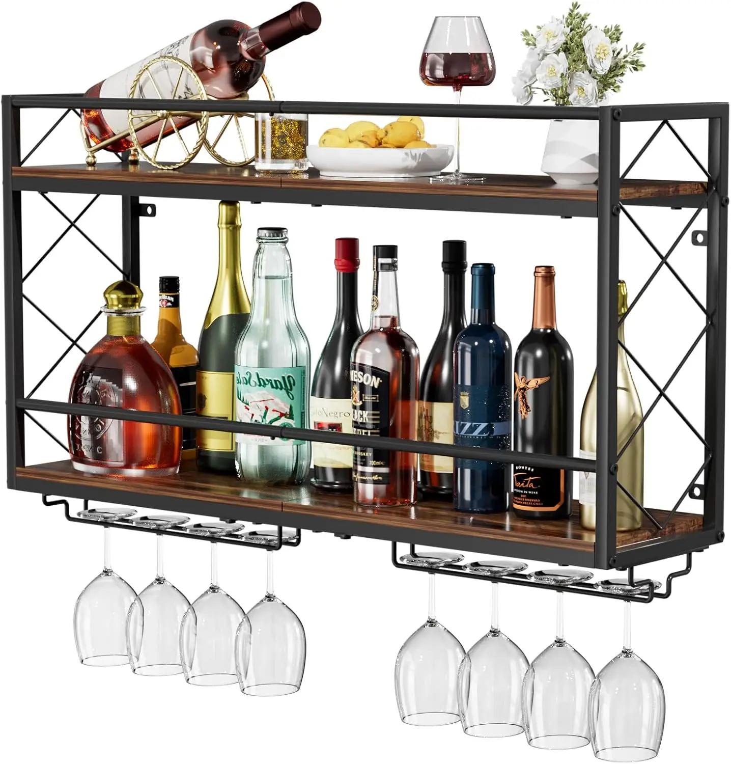 

2-Tier Wall Mounted Wine Rack with Glass Holder, Anti-Drop Crossbar, Black Metal Wood Design for Home Kitchen Bar