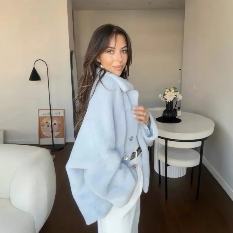 Notched Collar Faux Fur Jackets Loose Solid Blue Furry Jackets Fluffy Warm Thick Faux Mink Luxury Plush Coat Elegant Casual Tops