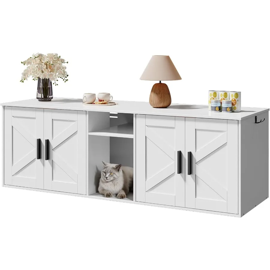 

Double Litter Box Enclosure with Hidden Design and Corridor for Cats Wooden Cat Litter Box Cabinet with Built-in Storage Layer