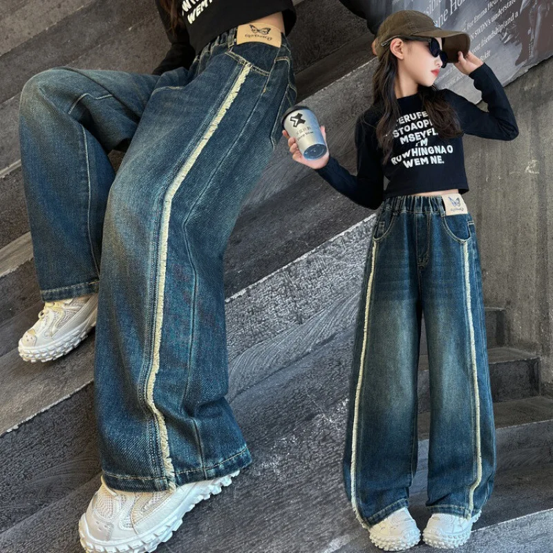 Pantalones de pierna ancha para niñas, Jeans de pierna recta con flecos para niños, estilo de otoño, nuevo