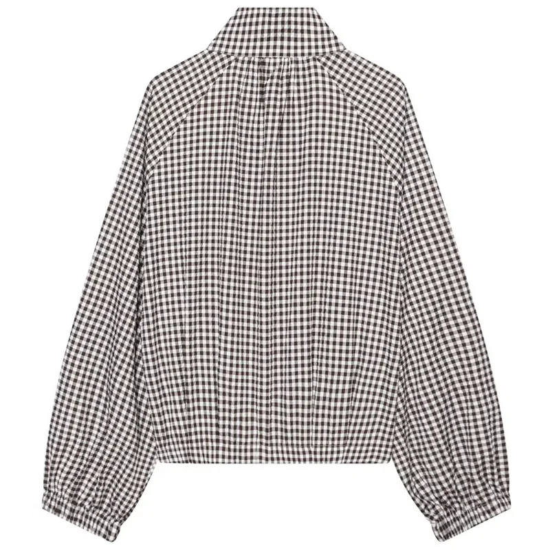 HXAO Gingham Cropped Jacke für Damen, Knopfverschluss, Übergroße Bomberjacke für die Übergangszeit, Vintage-Chic, Langarm-Oberteil, Karierter Mantel – Detail 5