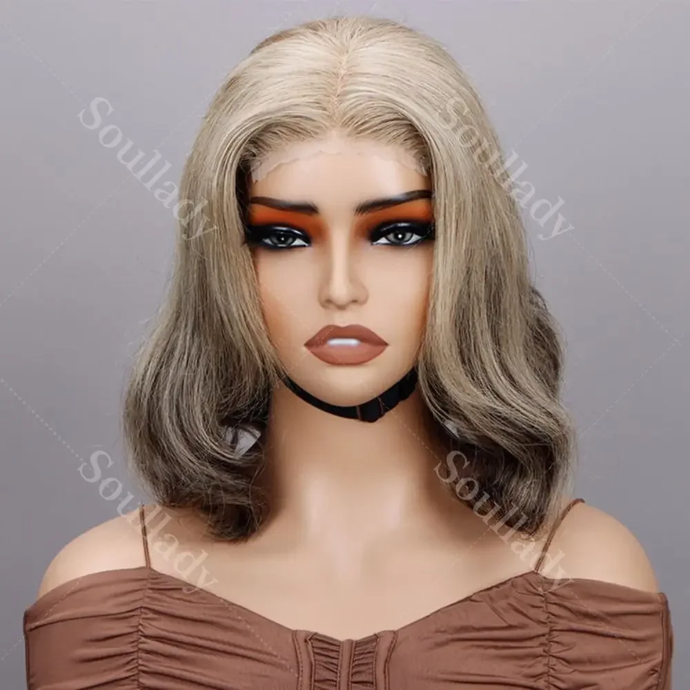 

Nature Wavy Light Golden Blonde Mix Brown Color Bob Lace Wig Human Hair 613 Blonde 4x4 GluelessClosure Wigs For Black Women