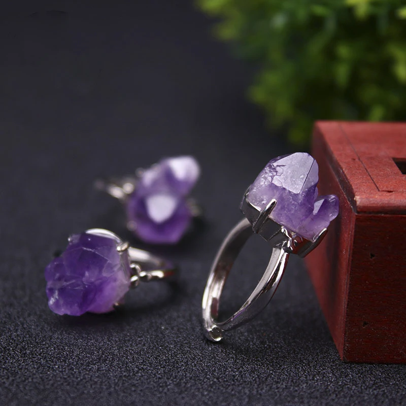 Natural Vintage  Amethyst Cluster Ring Crystal Rough Stone Flower  Adjustable Energy Silver Jewelry Sets Accessorl Gift Punk