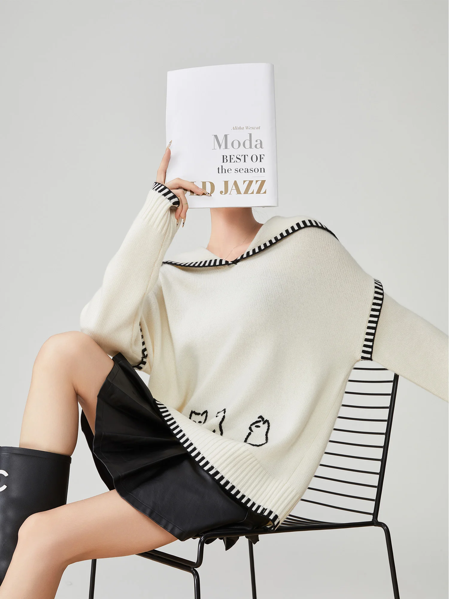 

White Knitted Sweater with Pattern Navy Collar Loose oulder Women's Spring New Sle Korean Loose Fit Long Sve Top