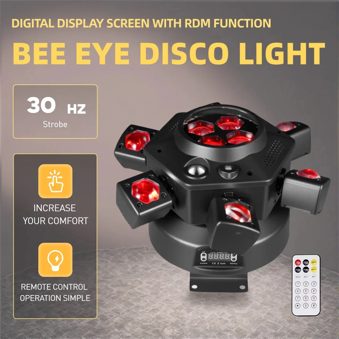 150W Bee Eye Disco Lights RGBW Adjustable Speed Strobe 6 Arm Moving Head Stage Light Effect DMX&Remote for DJ Bar Dance Party