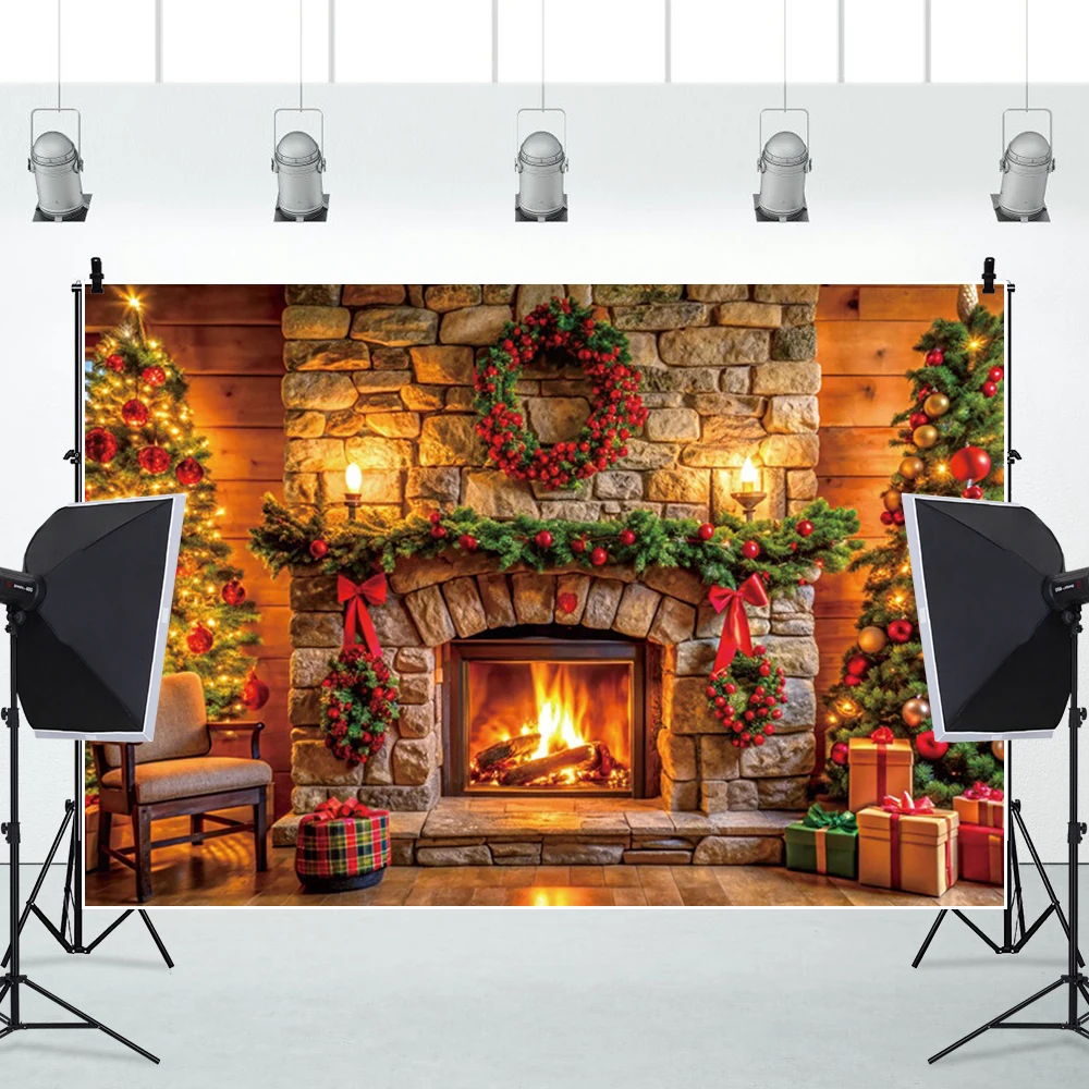 Christmas Fireplace Brick Wall Backdrop Christmas Tree Gift Family Party Decoration Portrait Photography Background Photobooth