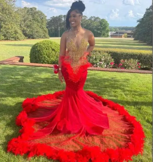 

Red African American Prom Dresses Sheer Tulle Beaded Feather Black Girls Nigeria Robe De Soiree Evening Dresses Gown Customized