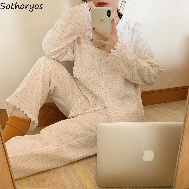 

Polka Dot Pajama Sets Women Long Sleeve Tops Full Length Pants Sweet Girls Loose Cozy Nightwear Trendy Females Lounge Lace Chic