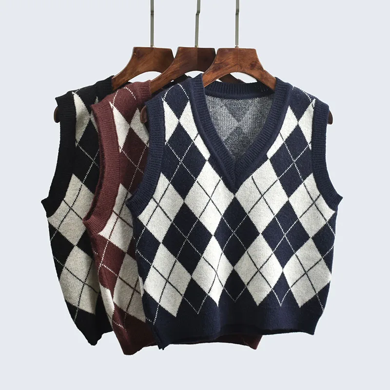 ABRINI Women Vintage Contrast Color Argyle V-neck Knit Vest Fall Preppy Style Worn Outside New Sweater Vest Sleeveless Pullover