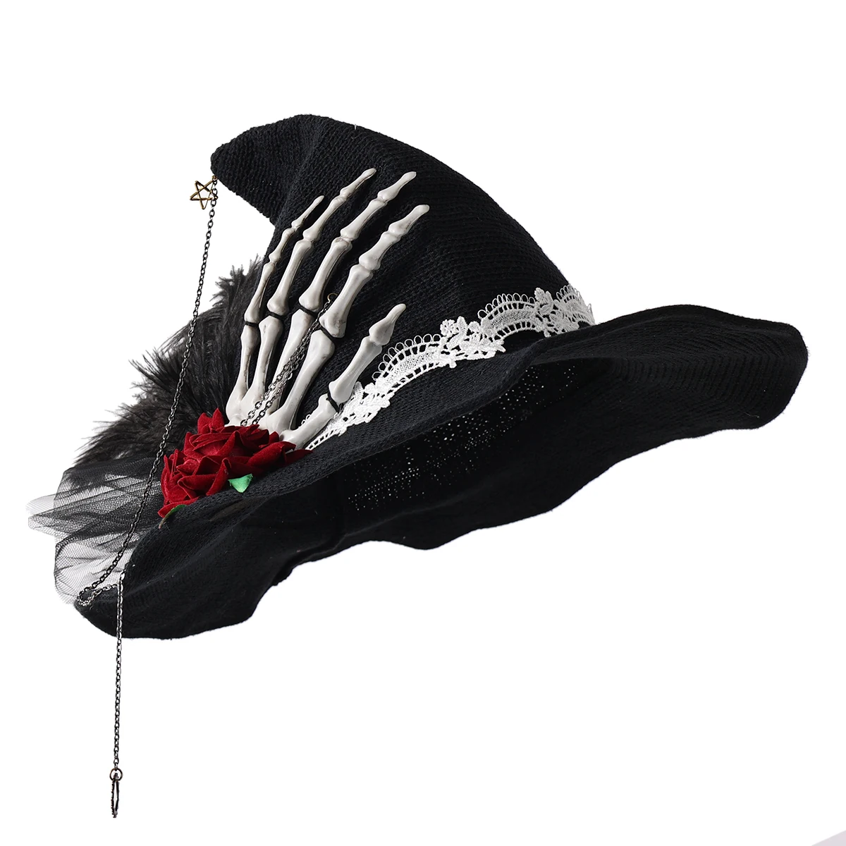 Gothic Witch Hat Halloween Cosplay Black Skull Hand Red Rose Lace Hat Costume Accessories