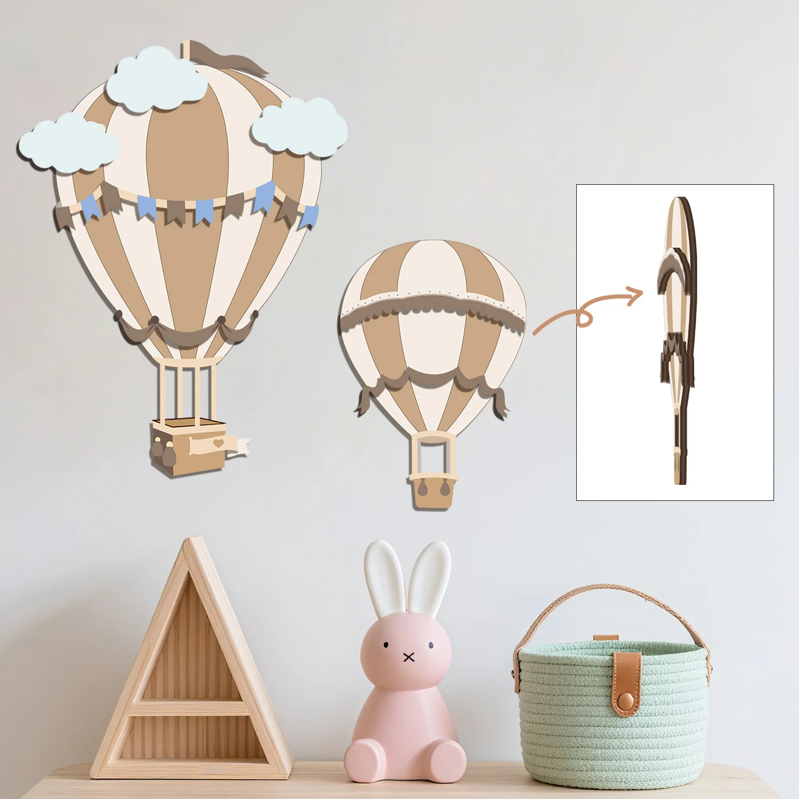 Neutral Hot Air Balloon Wooden Wall Decor, 3D Wood Wall Plaque, Boho Cloud Wooden Sign for Baby Nursery Kids Room Wall Hanging D