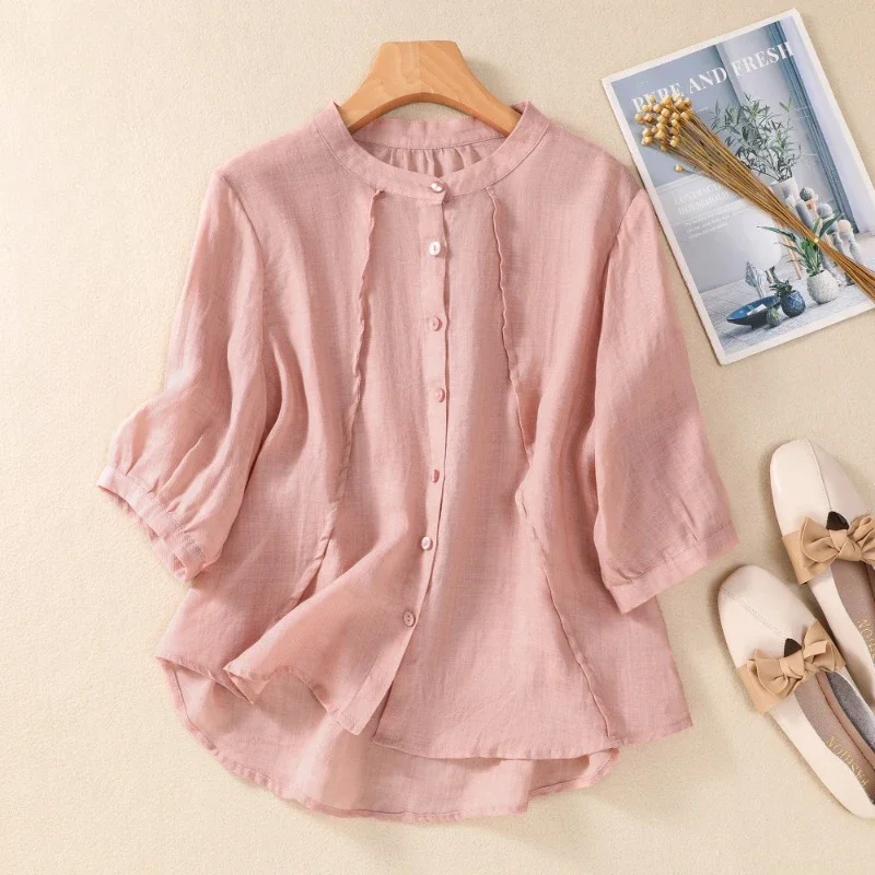 Cotton Linen Chinese Style Women's Shirts Summer Vintage Solid Blouses Loose Short Sleeves Women Tops Fashion Clothing